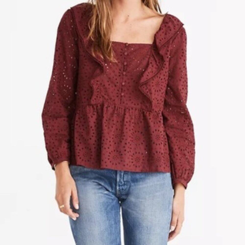 Madewell Eyelet Lace Pom-Pom Ruffle Top 100% Cotton Burgundy Size Small